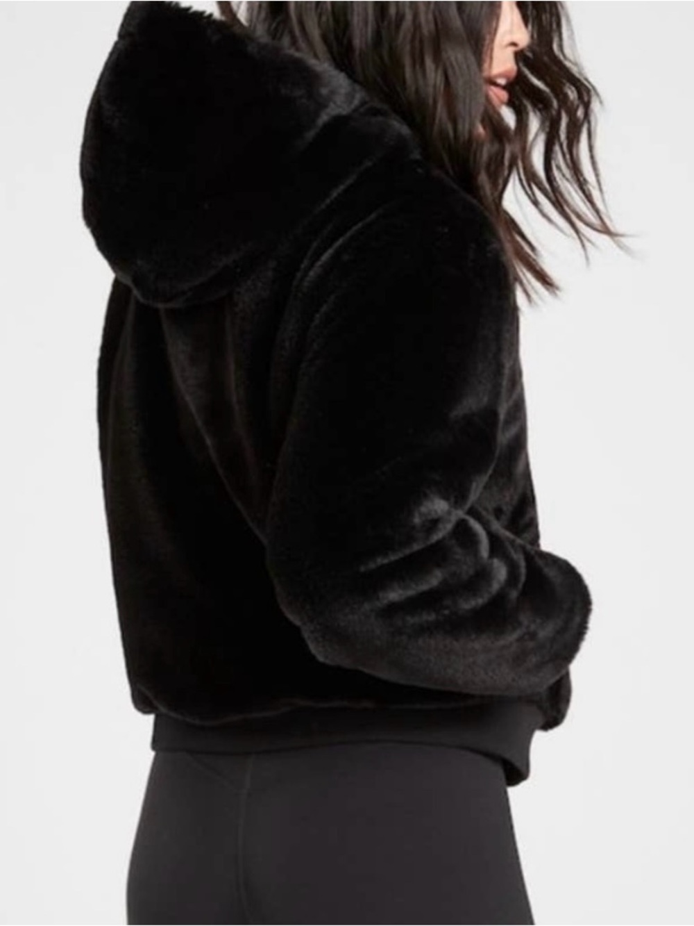 Athleta Ritual Black Faux Fur Zip Up Hoodie Jacket Coat Size XL 16 - Picture 2 of 12